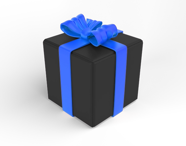 Caja de regalo negra con listón azul.